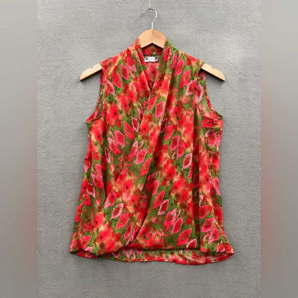Kut From The Kloth Women’s Medium Amelia Faux Wrap Blouse Red Green Top